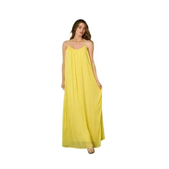 Women's Yellow V-Neck Spaghetti Strap Maxi Summer Dress